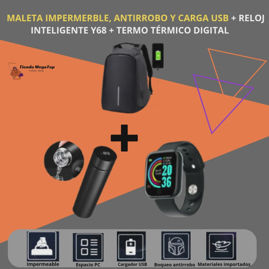 Super Combo de Seguridad y Estilo: Maleta Antirrobo, Reloj Inteligente Y68 y Termo Térmico Digital!